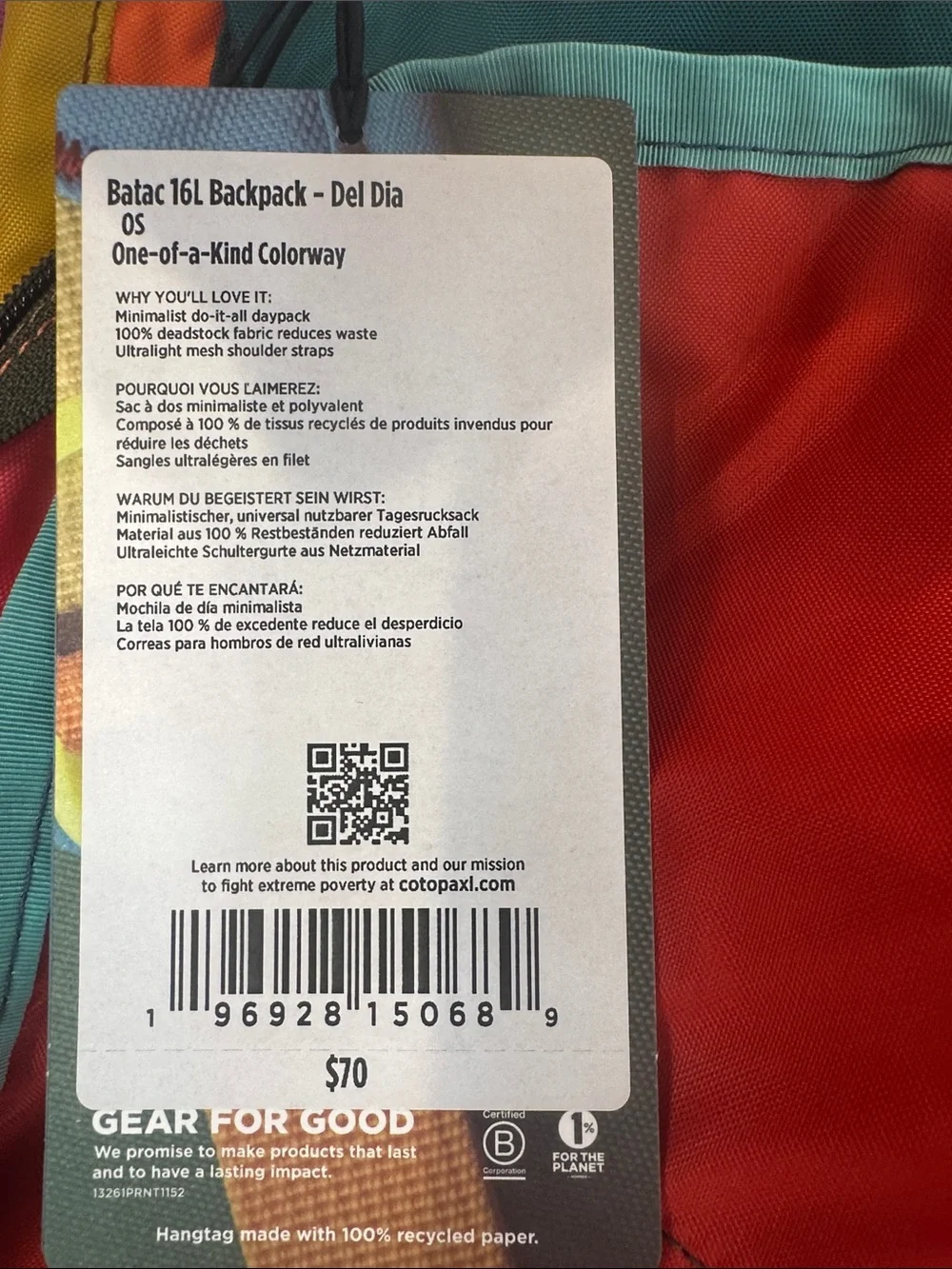 Cotopaxi Batac Del Día 16L Backpack One-of-a-Kind Multicolor Lightweight Daypack